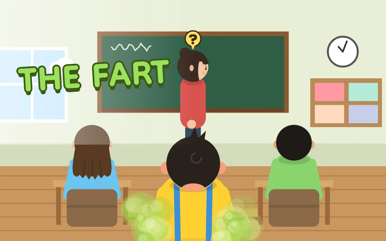 In a classroom a teacher with a question mark above her head starts to turn around while green fart clouds puff out beside a kid in yellow, with the title THE FART