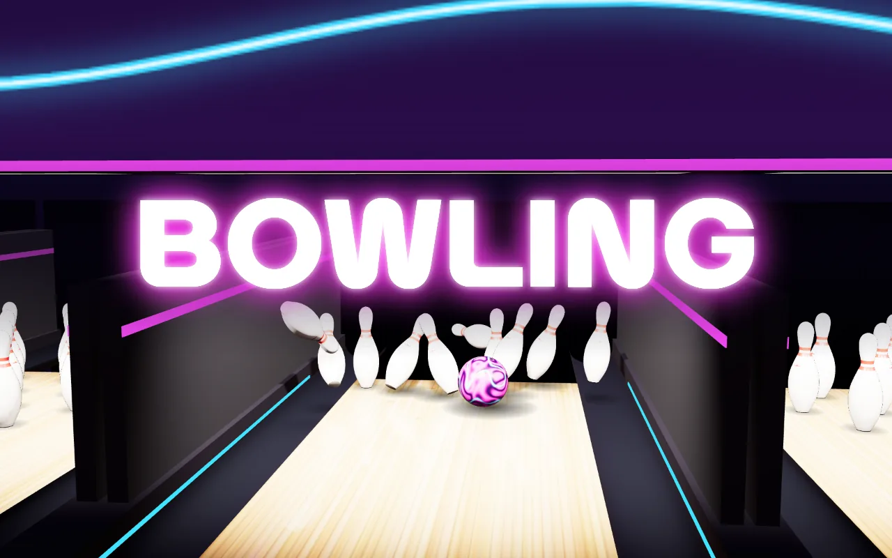 At the end of a bowling lane lit with neon lines, a pink and purple swirl ball crashes into the pins and sends them flying