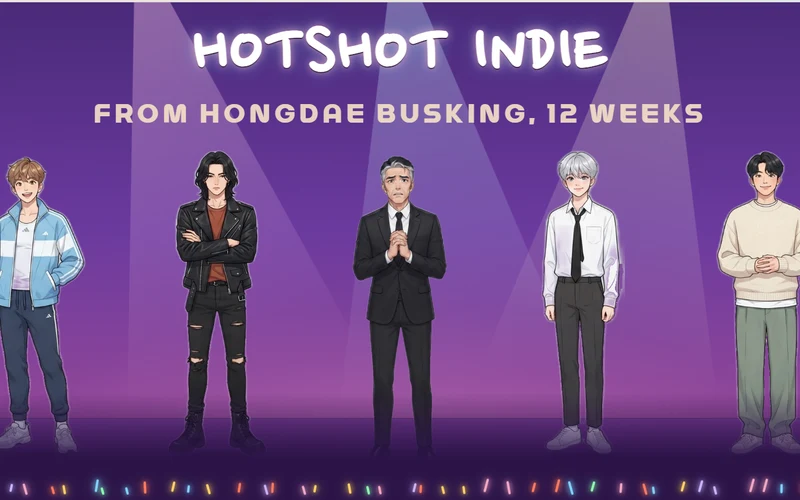 A 50-year-old producer in a suit and four young indie band members stand on a purple-lit stage under the title HOTSHOT INDIE