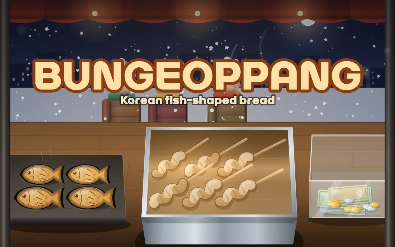 A snowy night street food tent: four fish-shaped breads baking in a cast iron mould, fish cake skewers lying in a steel basin, and the title BUNGEOPPANG in the middle