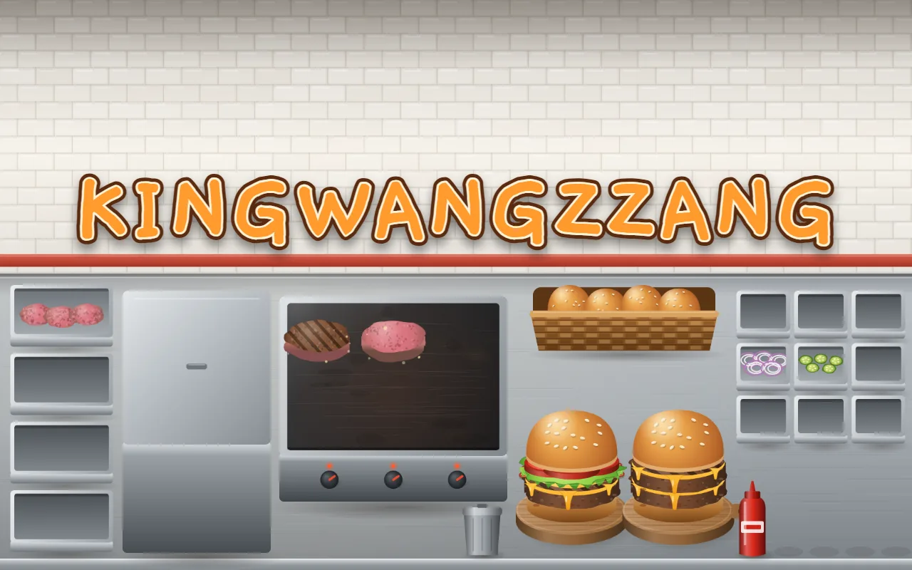 The title KINGWANGZZANG on a kitchen wall above an order row listing a double cheeseburger from bottom bun to fries, with five patties on the griddle, fries in the fryer and burgers stacking on two boards
