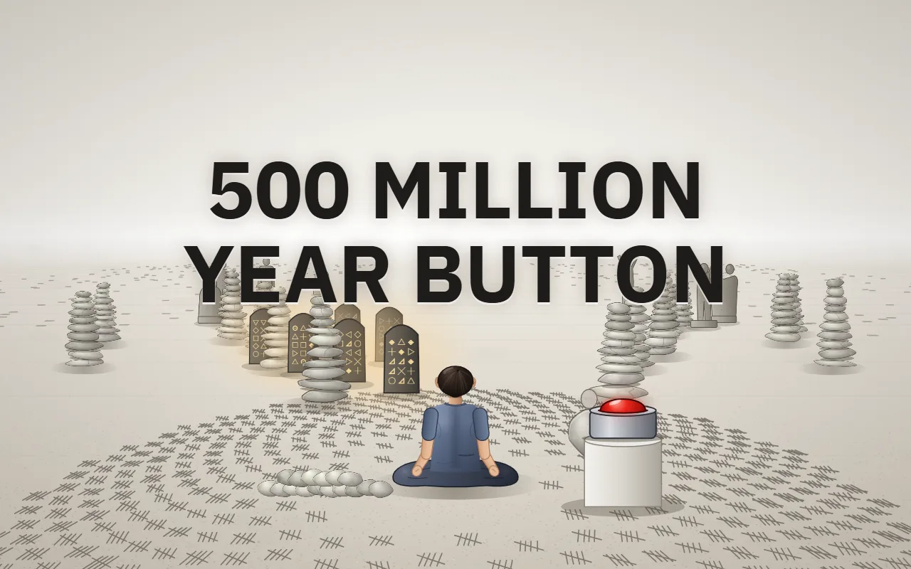 A person sitting in a white void among stone towers and statues next to a red button on a pedestal, under the title 500 Million Year Button