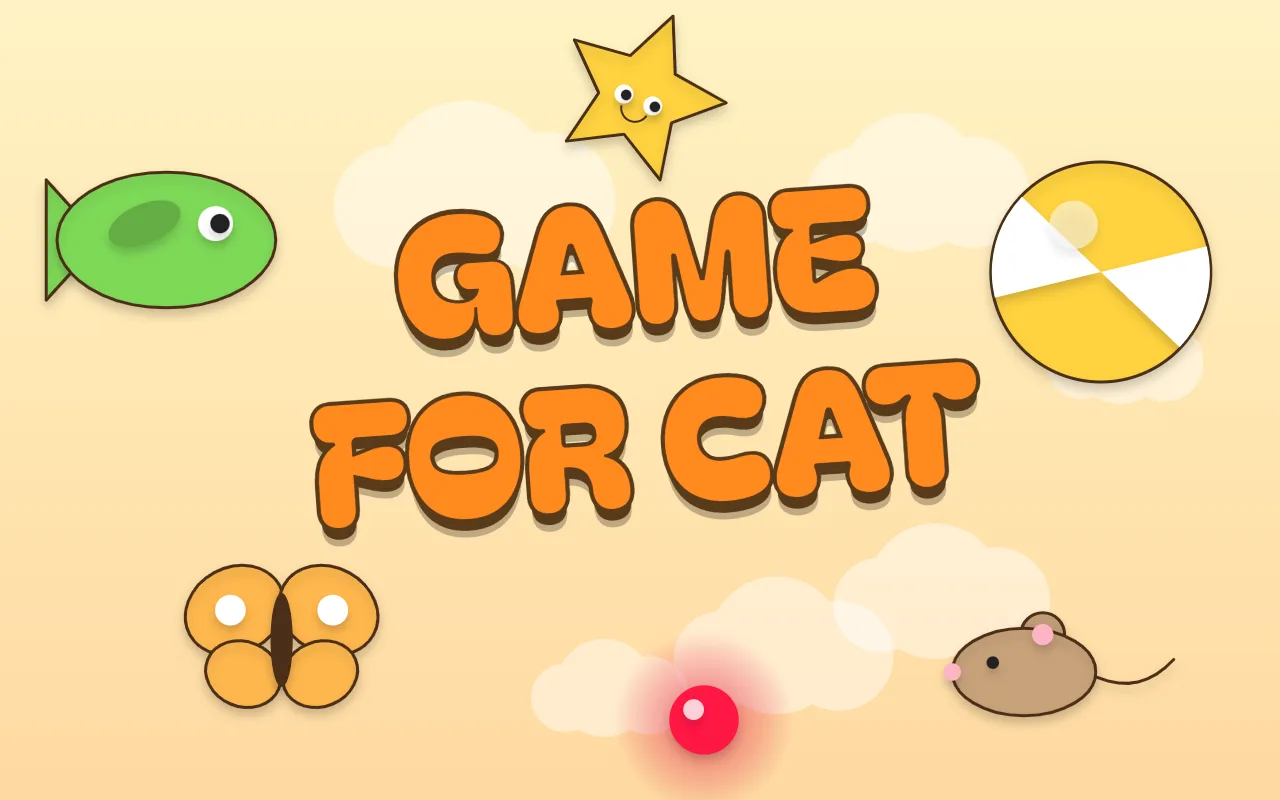 A pale yellow sky with a green fish, a blue ball, a yellow star, a butterfly, a mouse and a red dot around the title GAME FOR CAT
