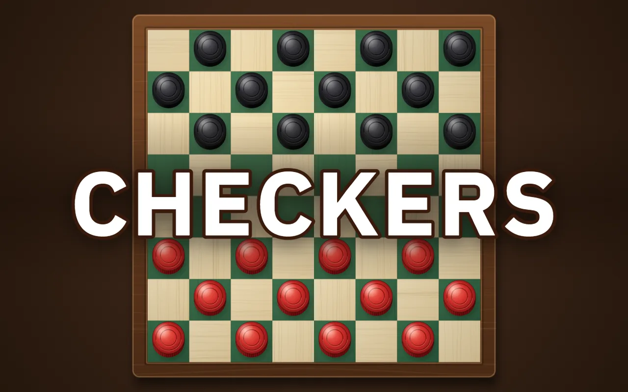 A wooden checkerboard with green and cream squares, 12 black and 12 red pieces, and the title CHECKERS in the middle