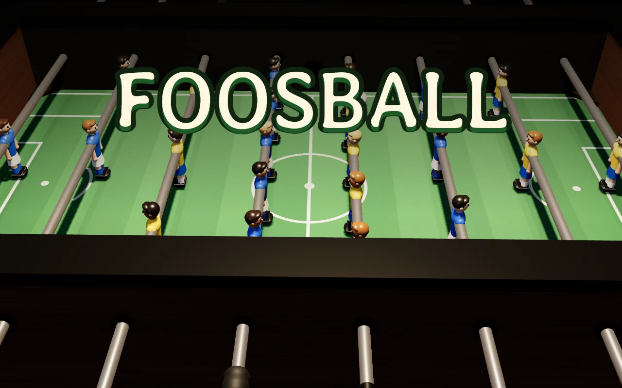 A green foosball table with blue and yellow men on silver rods and a white ball, under the title FOOSBALL