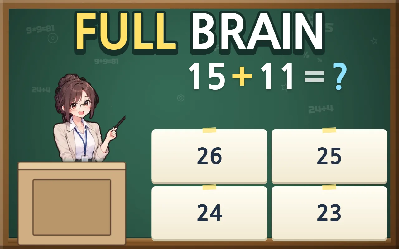 A teacher with glasses in front of a green chalkboard with a math problem and four answer cards, under the title FULL BRAIN