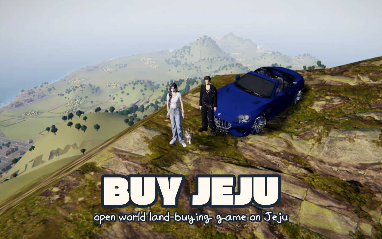A navy convertible parked on a rocky Jeju hilltop with a couple and a cat looking out over fields and the sea, under the white title BUY JEJU
