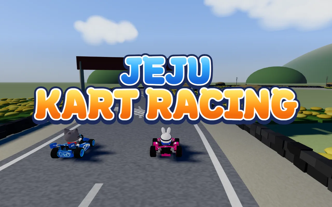 A cat in a blue kart and a bunny in a pink kart on a road through yellow canola fields on Jeju, under the title JEJU KART RACING