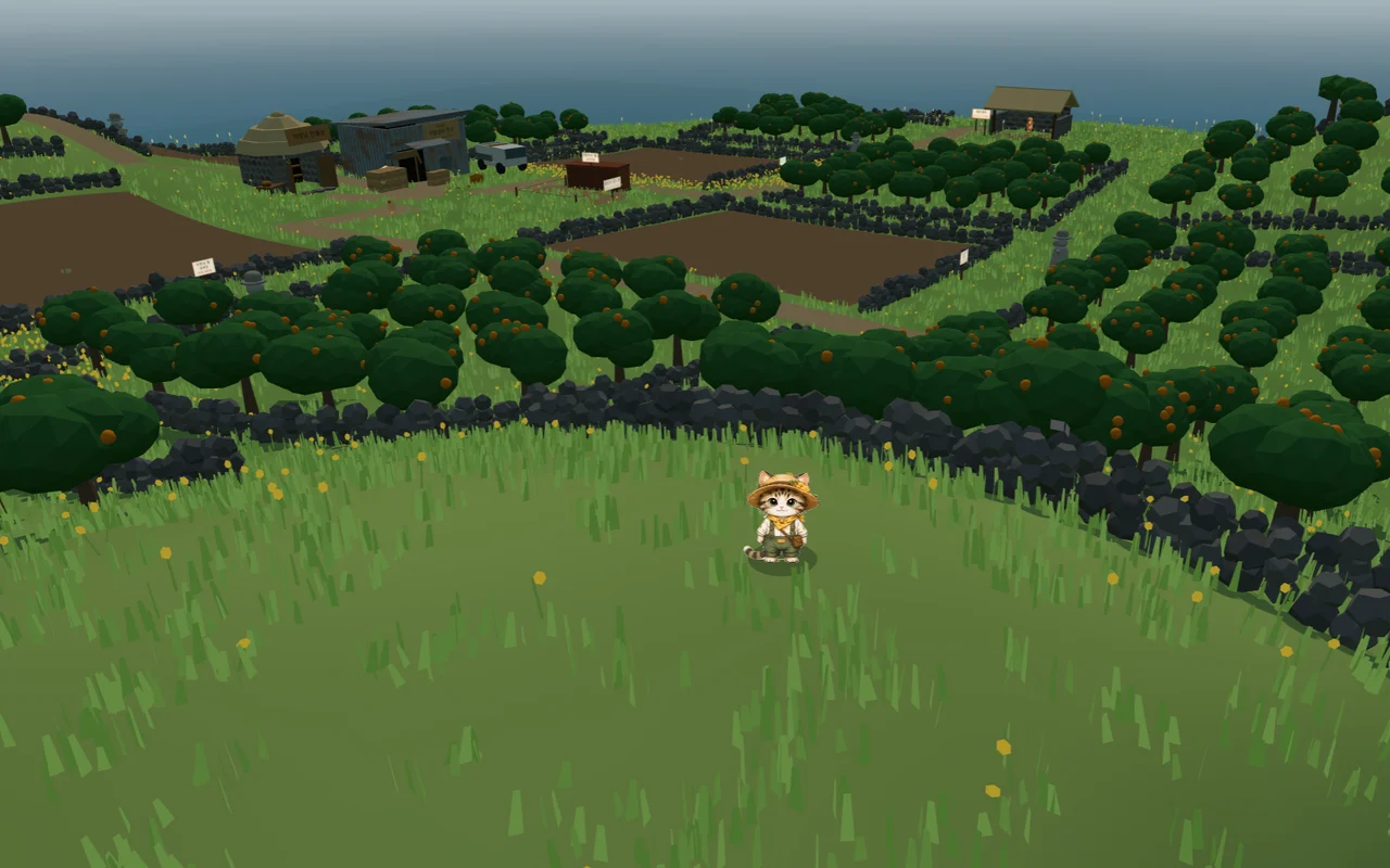 밀짚모자를 쓴 루루가 풀밭에 서 있고, 뒤로 귤밭과 돌담, 창고와 바다가 보인다