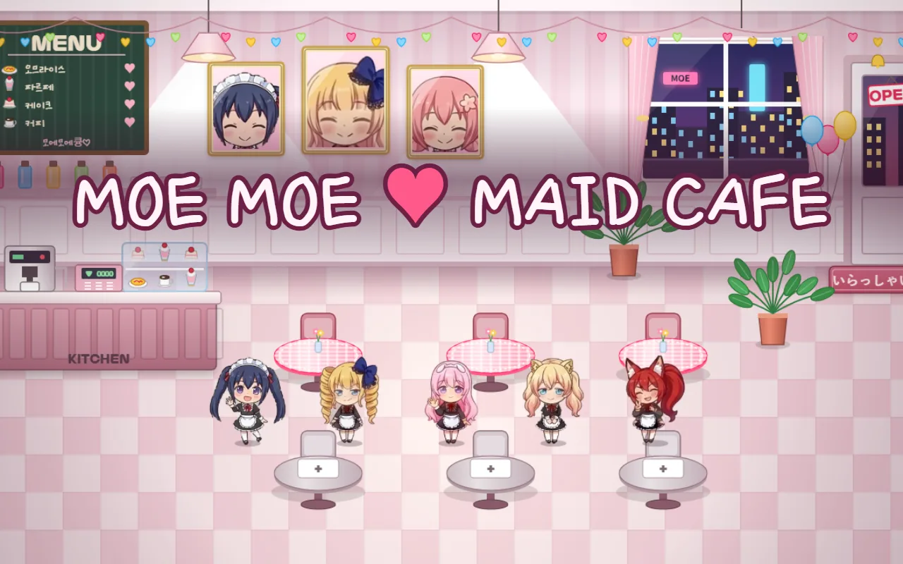 Five anime-style maids in a pink maid cafe under the title MOE MOE MAID CAFE