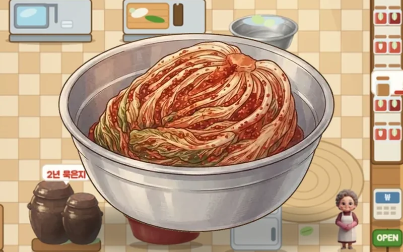 맨해튼 김치가게 안. 묵은지 항아리와 김치가 그득한 빨간 대야, 김치냉장고가 놓여 있고 계산대 앞에 손님이 줄 서 있다