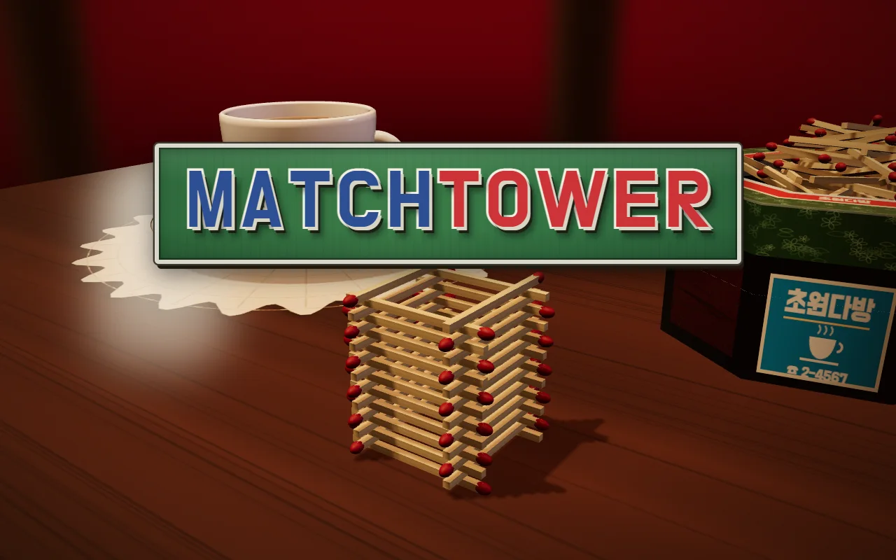 A matchstick tower between a coffee cup and an octagonal match tin on a coffee house table, under a green sign reading MATCHTOWER