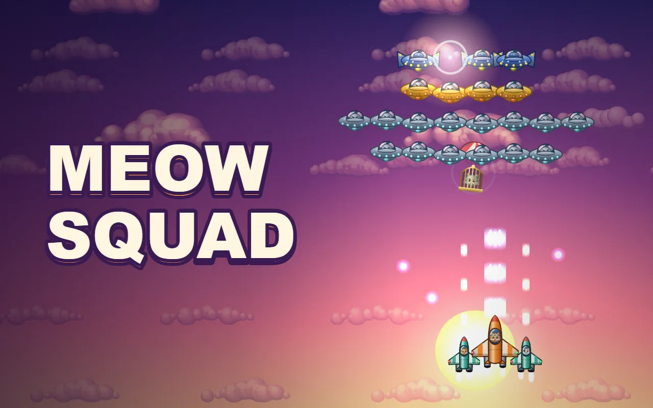 Four rows of mouse flying saucers in formation against a sunset sky, a cage floating down on a parachute from the middle, and a cat fighter jet with two green wingmen firing from below, with the title MEOWSQUAD on the left