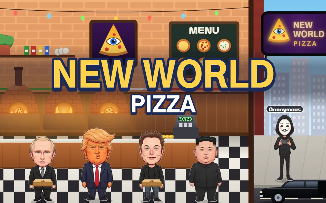 Caricatures of Putin, Trump, Musk and Kim Jong-un at a pizza shop counter, a masked Anonymous figure on the sidewalk, under the title NEW WORLD PIZZA