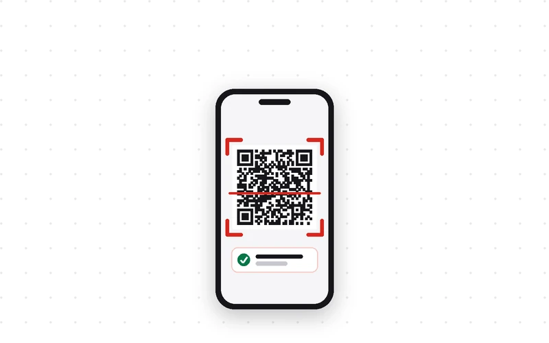 A phone scanning a QR code with a red frame and a green check