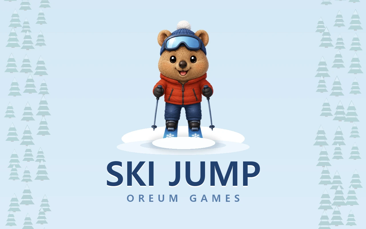 눈 덮인 비탈 한가운데 스키를 신은 쿼카가 서 있고, 그 아래 SKI JUMP 라는 제목이 놓여 있다