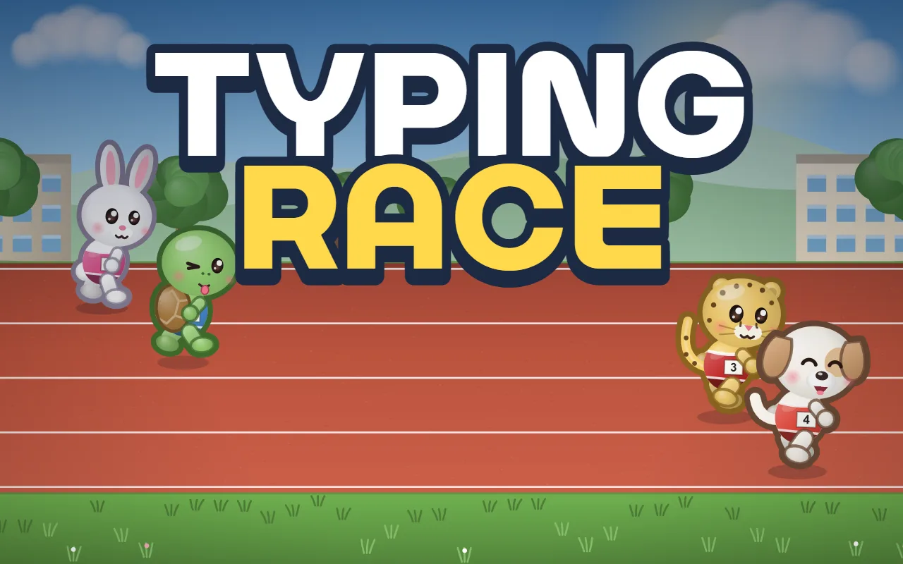 The title TYPING RACE over a school running track, with a rabbit and a tortoise sticking out its tongue on the left and a cheetah and a smiling puppy on the right, all wearing race numbers
