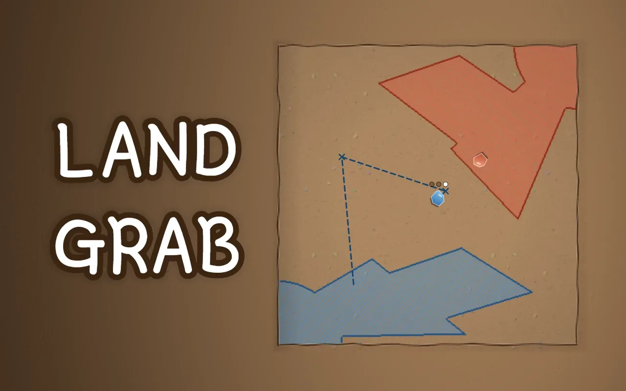 A square drawn in the dirt with blue and red territories spreading from opposite corners and a blue stone heading home along a dashed line, with the title LAND GRAB