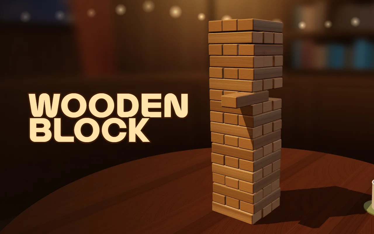 A wooden block tower on a round table with one block halfway pulled out, under the title WOODEN BLOCK