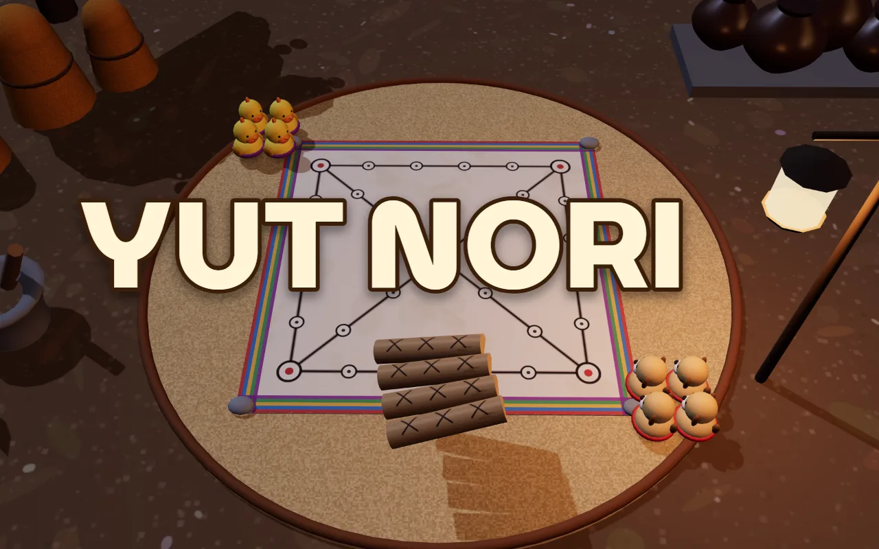 A Yut Nori board on a straw mat with animal pieces and four wooden sticks, under the title YUT NORI